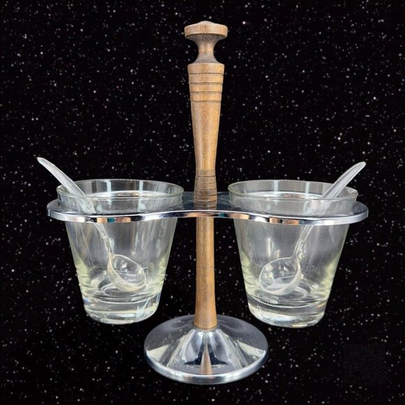 Mid Century Modern MCM Glass & Teak Condiment Server Vintage Relish Caddy Spoons - Picture 8 of 13